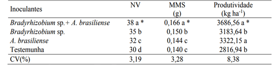 Número de vagens por planta (NV), massa de mil grãos (MMG) e produtividade da cultura da soja submetida à inoculação e coinoculação