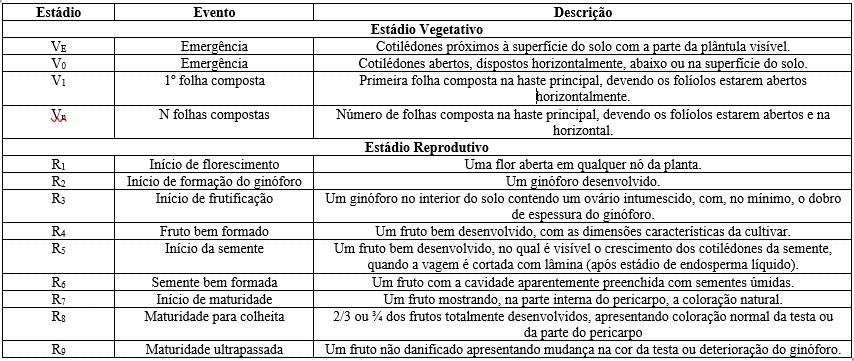 Tabela- Estádios de desenvolvimento do amendoim (Boote, 1982).